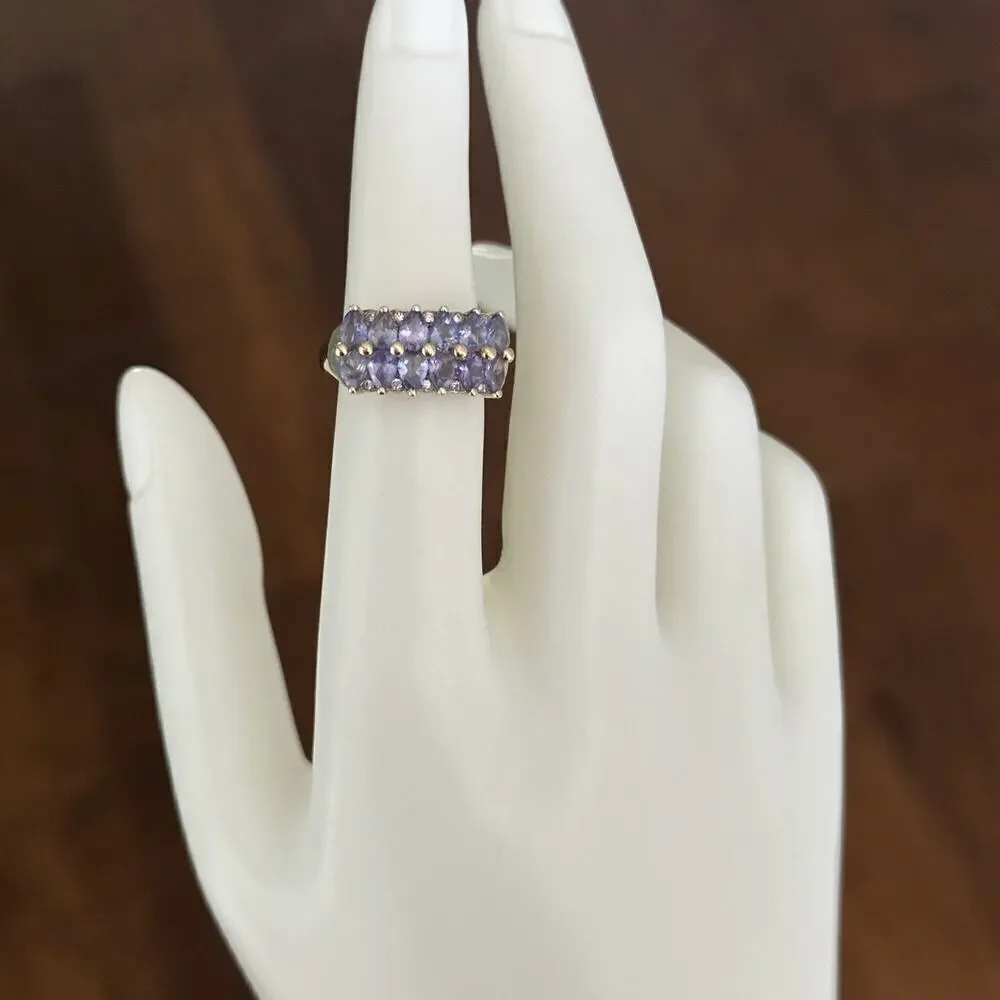 14K Yellow Gold Tanzanite Double Row & Diamond Ladies Band Ring Size 5.5
